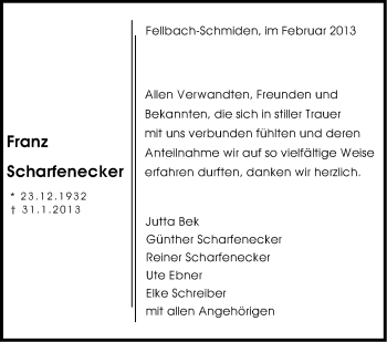 Traueranzeige von Franz Scharfenecker von Stuttgarter Zeitung / Stuttgarter Nachrichten