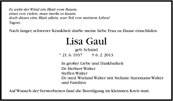 Traueranzeige von Lisa Gaul von Stuttgarter Zeitung / Stuttgarter Nachrichten