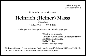 Traueranzeige von Heinrich Massa von Stuttgarter Zeitung / Stuttgarter Nachrichten