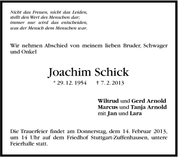 Traueranzeige von Joachim Schick von Stuttgarter Zeitung / Stuttgarter Nachrichten
