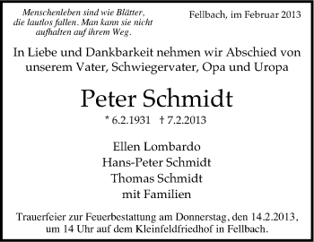Traueranzeige von Peter Schmidt von Stuttgarter Zeitung / Stuttgarter Nachrichten