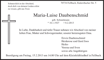 Traueranzeige von Maria-Luise Daubenschmid von Stuttgarter Zeitung / Stuttgarter Nachrichten