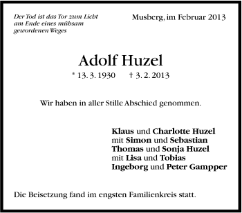 Traueranzeige von Adolf Huzel von Stuttgarter Zeitung / Stuttgarter Nachrichten