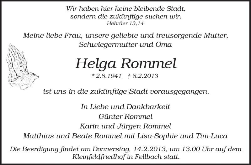  Traueranzeige für Helga Rommel vom 11.02.2013 aus Stuttgarter Zeitung / Stuttgarter Nachrichten