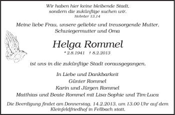 Traueranzeige von Helga Rommel von Stuttgarter Zeitung / Stuttgarter Nachrichten