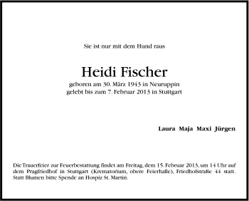 Traueranzeige von Heidi Fischer von Stuttgarter Zeitung / Stuttgarter Nachrichten