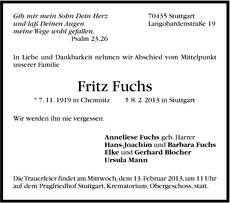  Traueranzeige für Fritz Fuchs vom 11.02.2013 aus Stuttgarter Zeitung / Stuttgarter Nachrichten