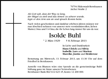 Traueranzeige von Isolde Buhl von Stuttgarter Zeitung / Stuttgarter Nachrichten