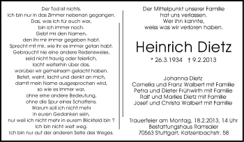 Traueranzeige von Heinrich Dietz von Stuttgarter Zeitung / Stuttgarter Nachrichten