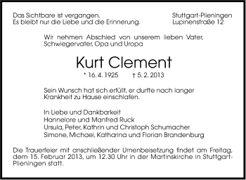Traueranzeige von Kurt Clement von Stuttgarter Zeitung / Stuttgarter Nachrichten