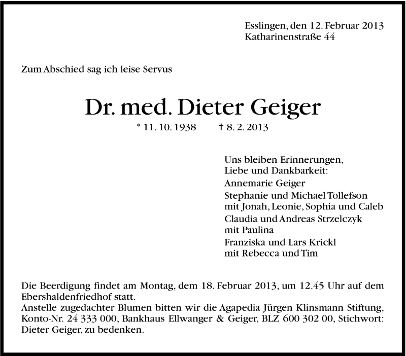  Traueranzeige für Dieter Geiger vom 12.02.2013 aus Stuttgarter Zeitung / Stuttgarter Nachrichten