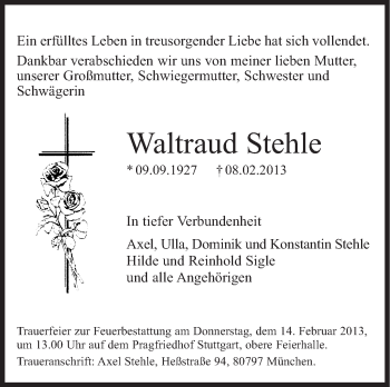 Traueranzeige von Stehle Waltraud von Stuttgarter Zeitung / Stuttgarter Nachrichten