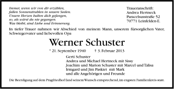 Traueranzeige von Werner Schuster von Stuttgarter Zeitung / Stuttgarter Nachrichten