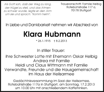 Traueranzeige von Klara Hubmann von Stuttgarter Zeitung / Stuttgarter Nachrichten