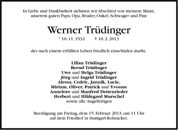 Traueranzeige von Werner Trüdinger von Stuttgarter Zeitung / Stuttgarter Nachrichten
