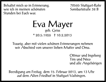 Traueranzeige von Eva Mayer von Stuttgarter Zeitung / Stuttgarter Nachrichten
