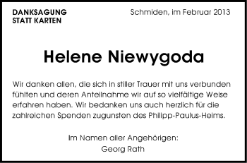 Traueranzeige von Helene Niewygoda von Stuttgarter Zeitung / Stuttgarter Nachrichten