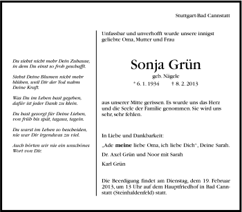 Traueranzeige von Sonja Grün von Stuttgarter Zeitung / Stuttgarter Nachrichten