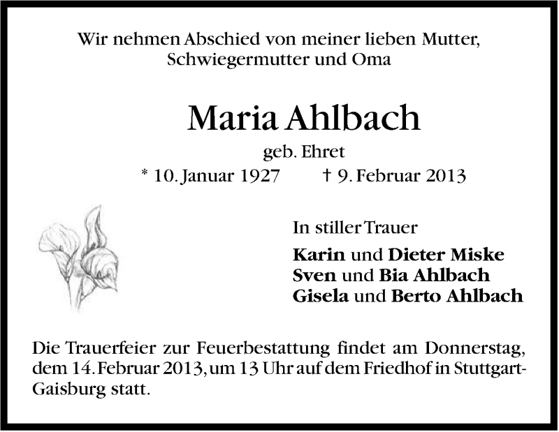  Traueranzeige für Maria Ahlbach vom 12.02.2013 aus Stuttgarter Zeitung / Stuttgarter Nachrichten