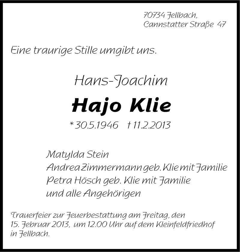  Traueranzeige für Hajo Klie vom 13.02.2013 aus Stuttgarter Zeitung / Stuttgarter Nachrichten