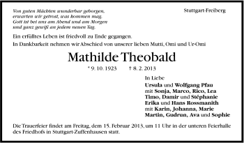 Traueranzeige von Mathilde Theobald von Stuttgarter Zeitung / Stuttgarter Nachrichten