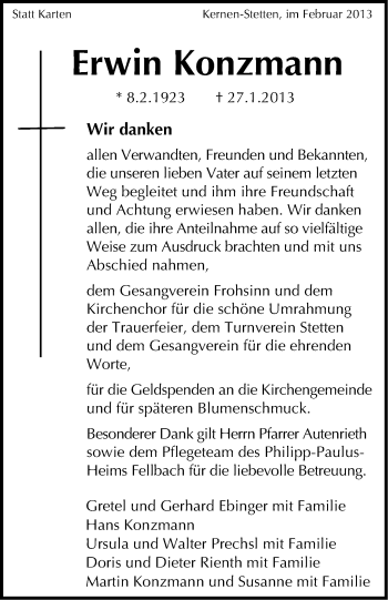 Traueranzeige von Erwin Konzmann von Stuttgarter Zeitung / Stuttgarter Nachrichten