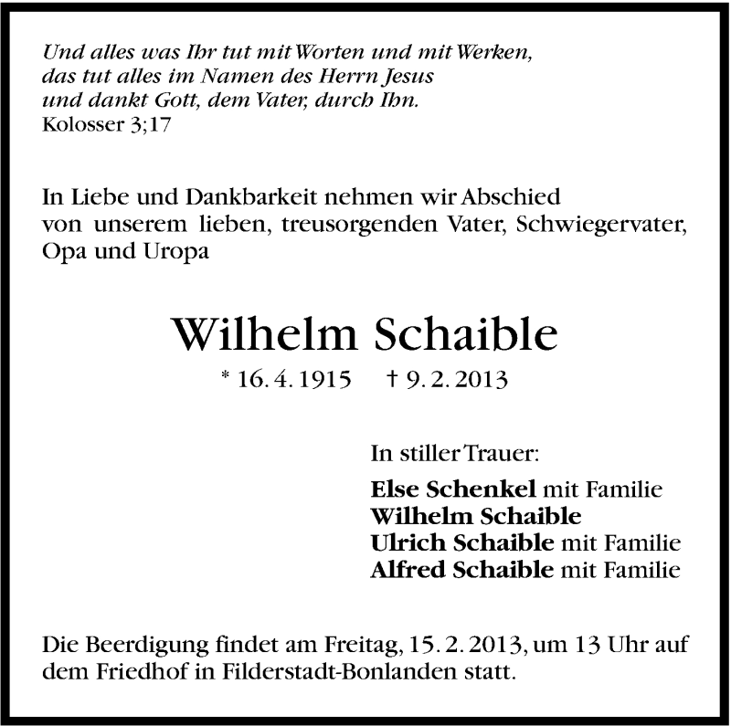  Traueranzeige für Wilhelm Schaible vom 12.02.2013 aus Stuttgarter Zeitung / Stuttgarter Nachrichten