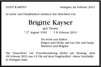 Traueranzeige von Brigitte Kayser von Stuttgarter Zeitung / Stuttgarter Nachrichten