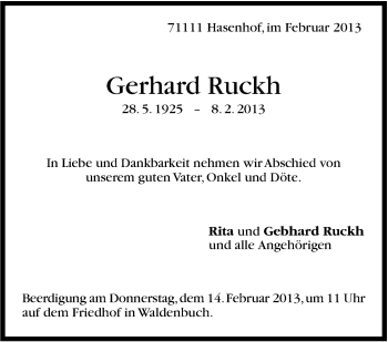 Traueranzeige von Gerhard Ruckh von Stuttgarter Zeitung / Stuttgarter Nachrichten