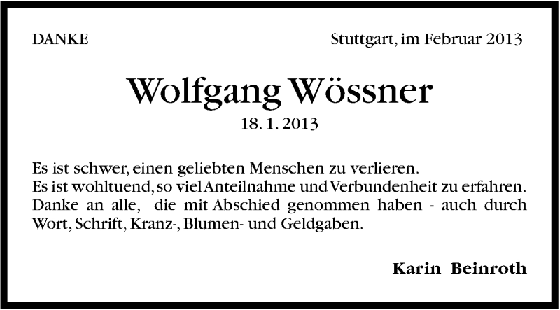  Traueranzeige für Wolfgang Wössner vom 16.02.2013 aus Stuttgarter Zeitung / Stuttgarter Nachrichten