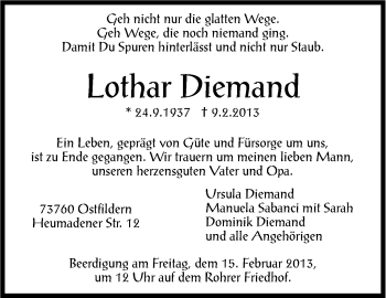 Traueranzeige von Lothar Diemand von Stuttgarter Zeitung / Stuttgarter Nachrichten