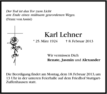 Traueranzeige von Karl Lehner von Stuttgarter Zeitung / Stuttgarter Nachrichten