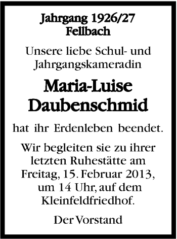 Traueranzeige von Maria-Luise Daubenschmid von Stuttgarter Zeitung / Stuttgarter Nachrichten