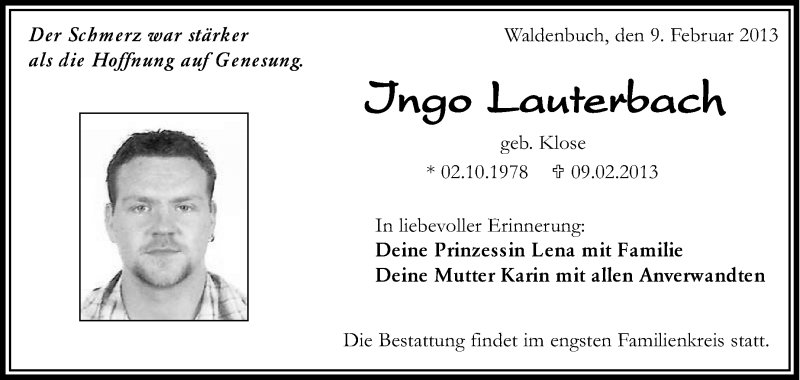  Traueranzeige für Ingo Lauterbach vom 13.02.2013 aus Stuttgarter Zeitung / Stuttgarter Nachrichten