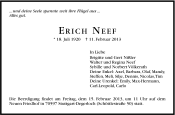 Traueranzeige von Erich Neef von Stuttgarter Zeitung / Stuttgarter Nachrichten