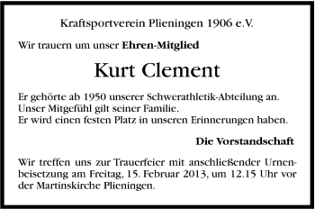 Traueranzeige von Kurt Clement von Stuttgarter Zeitung / Stuttgarter Nachrichten