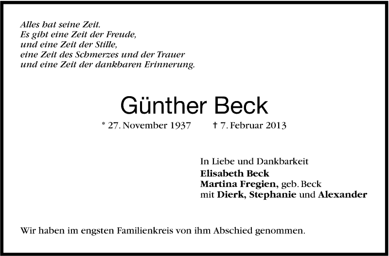  Traueranzeige für Günther Beck vom 16.02.2013 aus Stuttgarter Zeitung / Stuttgarter Nachrichten