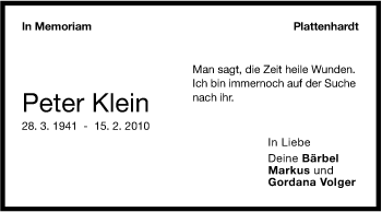 Traueranzeige von Peter Klein von Stuttgarter Zeitung / Stuttgarter Nachrichten