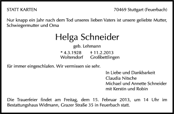 Traueranzeige von Helga Schneider von Stuttgarter Zeitung / Stuttgarter Nachrichten