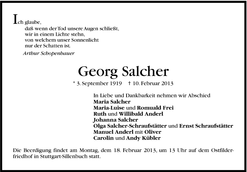  Traueranzeige für Georg Salcher vom 15.02.2013 aus Stuttgarter Zeitung / Stuttgarter Nachrichten