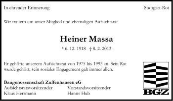 Traueranzeige von Heiner Massa von Stuttgarter Zeitung / Stuttgarter Nachrichten