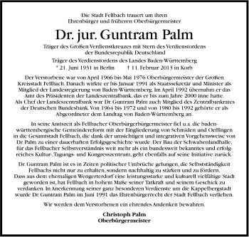 Traueranzeige von Guntram Palm von Stuttgarter Zeitung / Stuttgarter Nachrichten