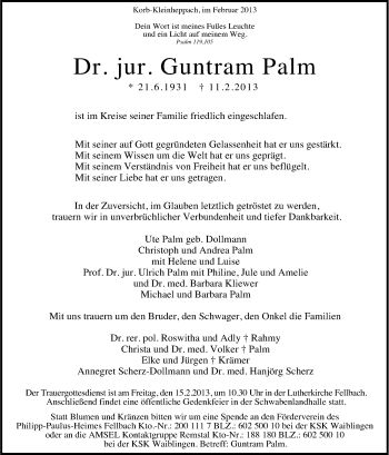 Traueranzeige von Guntram Palm von Stuttgarter Zeitung / Stuttgarter Nachrichten