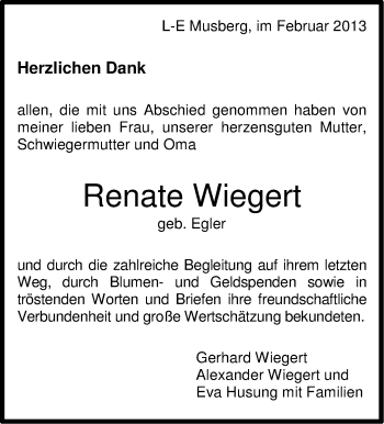 Traueranzeige von Renate Wiegert von Stuttgarter Zeitung / Stuttgarter Nachrichten