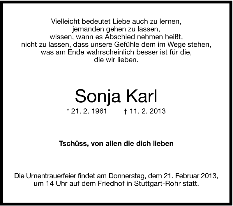  Traueranzeige für Sonja Karl vom 16.02.2013 aus Stuttgarter Zeitung / Stuttgarter Nachrichten