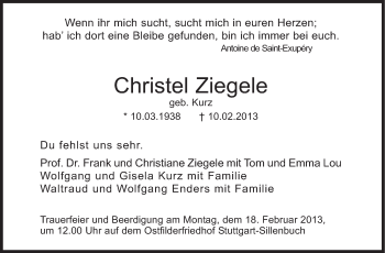 Traueranzeige von Christel Ziegele von Stuttgarter Zeitung / Stuttgarter Nachrichten