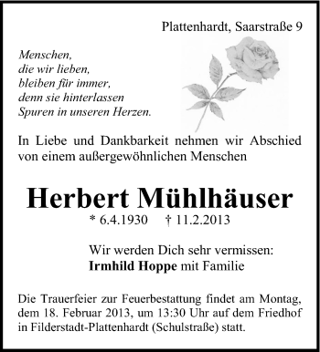 Traueranzeige von Herbert Mühlhäuser von Stuttgarter Zeitung / Stuttgarter Nachrichten
