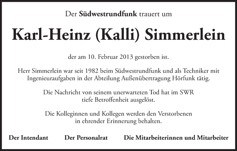  Traueranzeige für Karl-Heinz Simmerlein vom 14.02.2013 aus Stuttgarter Zeitung / Stuttgarter Nachrichten