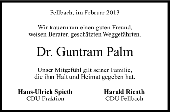 Traueranzeige von Guntram Palm von Stuttgarter Zeitung / Stuttgarter Nachrichten