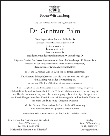 Traueranzeige von Guntram Palm von Stuttgarter Zeitung / Stuttgarter Nachrichten